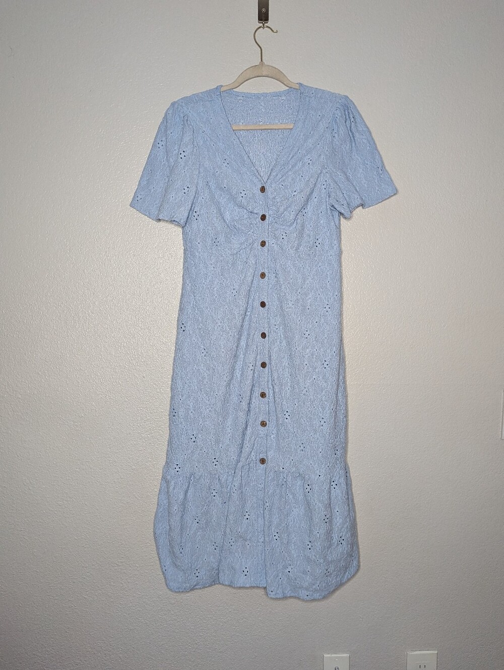Shein Light Blue Eyelet Cottagecore Prairie  Tiered Button Front Midi Dress L